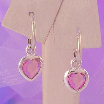 STERLING SILVER 7mm PINK CZ HEART 10mm SLEEPER EARRINGS -E-SS-10mmSLP-7mmCZheart-pink