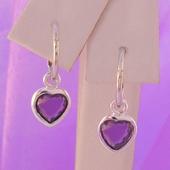 STERLING SILVER 7mm PURPLE CZ HEART 10mm SLEEPER EARRINGS -E-SS-10mmSLP-7mmCZheart-purple