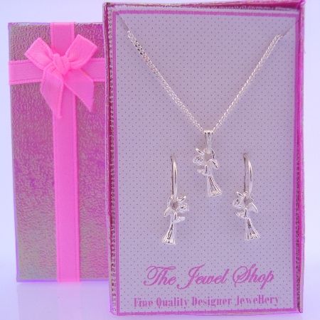 STERLING SILVER MATCHING GUARDIAN ANGEL CHARM NECKLACE & 12mm SLEEPER EARRINGS GORGEOUS SHIMMERING GIFT BOX