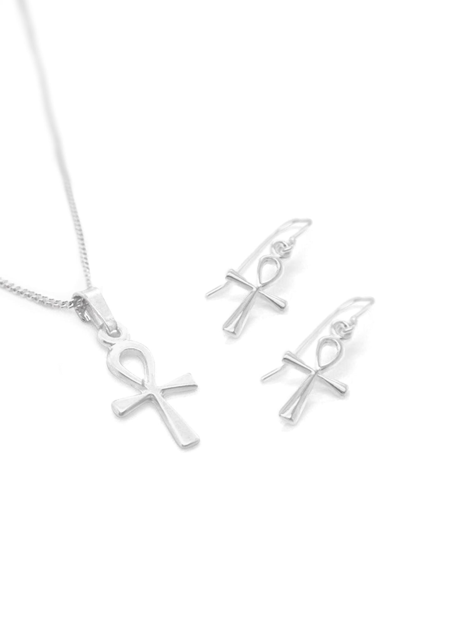 Sterling Silver Egyptian Ankh Necklace & Earrings