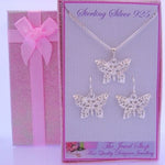 STERLING SILVER FILIGEE BUTTERFLY EARRINGS NECKLACE GORGEOUS SHIMMERING GIFT BOX