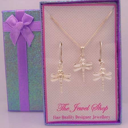 STERLING SILVER MATCHING DRAGONFLY CHARM NECKLACE & EARRINGS GORGEOUS SHIMMERING GIFT BOX