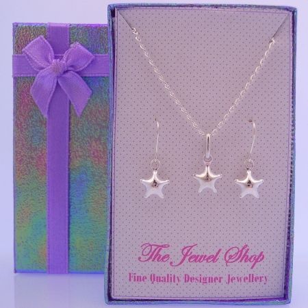 STERLING SILVER 7mm STAR EARRINGS & NECKLACE GORGEOUS SHIMMERING GIFT BOX