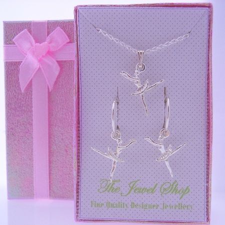 STERLING SILVER BALLERINA CHARM MATCHING 12mm SLEEPER EARRINGS & NECKLACE GORGEOUS SHIMMERING GIFT BOX