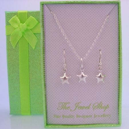 STERLING SILVER MATCHING 7mm STAR EARRINGS & NECKLACE GORGEOUS SHIMMERING GIFT BOX