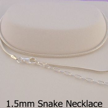 STERLING SILVER 1.5mm SNAKE NECKLACE 40cm 6cm EXTENSION CHAIN -N-925-SN40