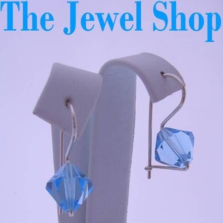 STERLING SILVER 8mm EUROBALL HOOK EARRINGS SWAROVSKI CRYSTAL AQUAMARINE BABY BLUE