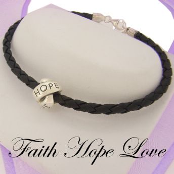 SILVER LOVELINKS FAITH HOPE LOVE BEAD CHARM BLACK LEATHER BRACELET -BLET-TT426-BLK