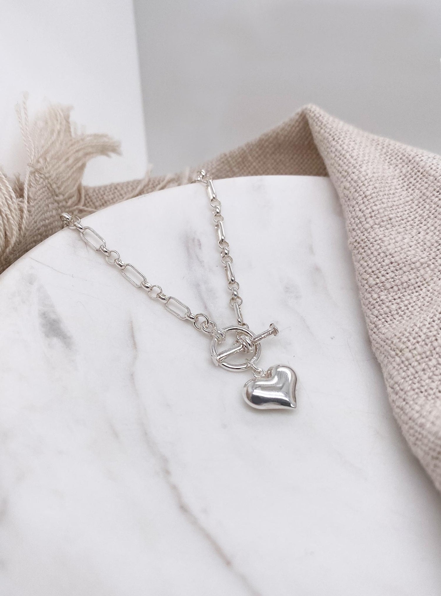 Heart Charm Tbar Toggle Figaro Belcher Bracelet in Sterling Silver