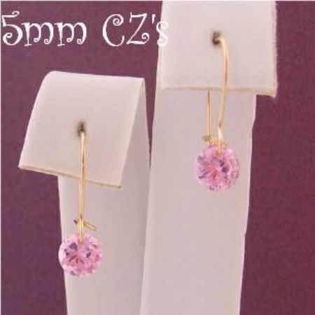 9ct YELLOW GOLD 5MM PINK CZ DROP SAFETY HOOK EARRINGS