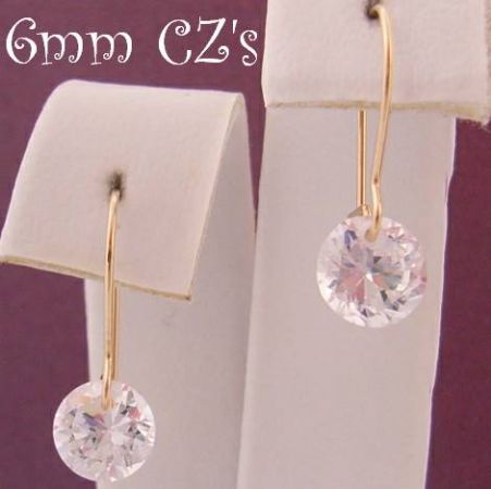 9ct YELLOW GOLD 6MM CZ DROP SAFETY HOOK EARRINGS