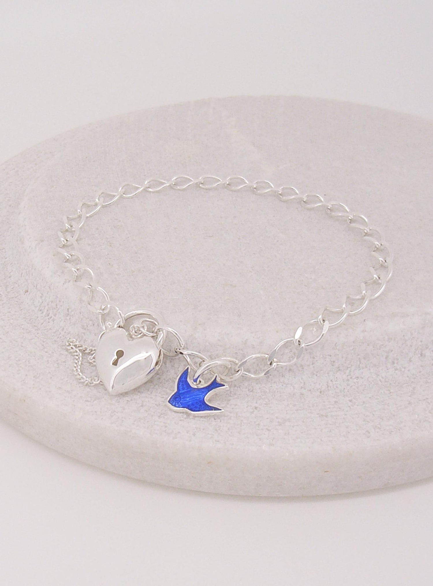 Sterling Silver Bluebird Charm 4mm Diamond Cut Curb Padlock Bracelet