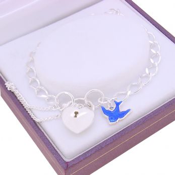 STERLING SILVER BLUEBIRD CHARM 4mm DIAMOND CUT CURB PADLOCK BRACELET