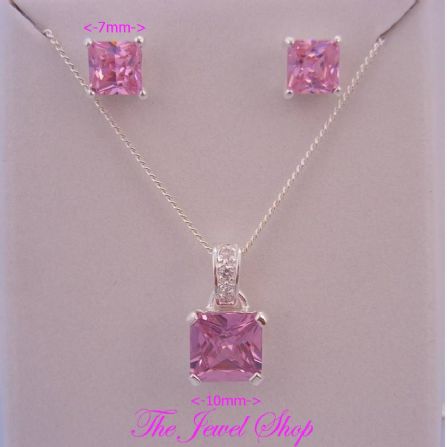 PINK CZ PRINCESS CUT STERLING SILVER NECKLACE PENDANT & EARRING SET