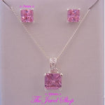 PINK CZ PRINCESS CUT STERLING SILVER NECKLACE PENDANT & EARRING SET