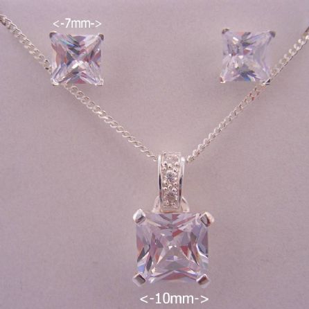 CZ PRINCESS CUT STERLING SILVER NECKLACE PENDANT & EARRING SET