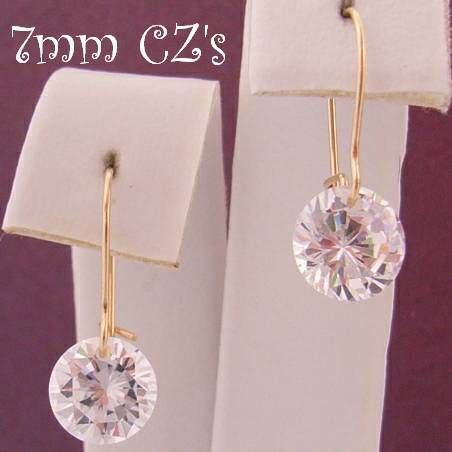9ct YELLOW GOLD 7MM CZ DROP SAFETY HOOK EARRINGS