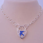 STERLING SILVER FIGARO CURB HEART BLUEBIRD PADLOCK NECKLACE 45CM