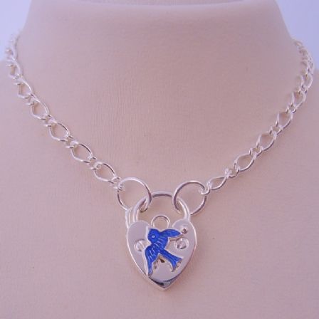 STERLING SILVER FIGARO CURB HEART BLUEBIRD PADLOCK NECKLACE 45CM