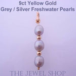 9CT YELLOW GOLD 2mm BALL BEADS 6mm x 4mm SILVER/GREY FRESHWATER PEARL PENDANT