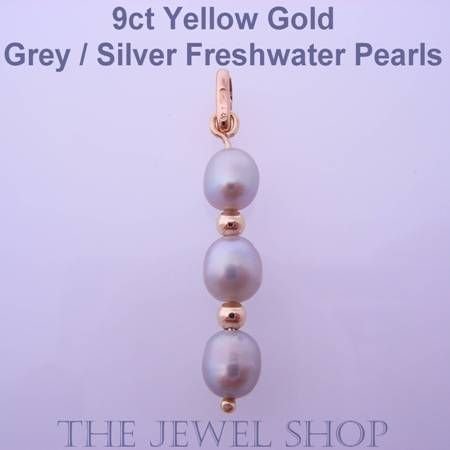9CT YELLOW GOLD 2mm BALL BEADS 6mm x 4mm SILVER/GREY FRESHWATER PEARL PENDANT
