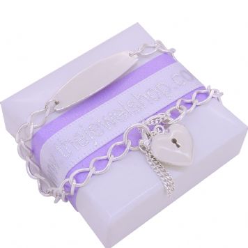 STERLING SILVER 4mm DIAMOND CUT CURB PUFFED HEART PADLOCK BRACELET
