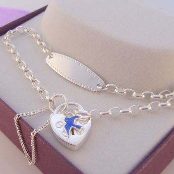 STERLING SILVER BLUEBIRD of HAPPINESS IDENTITY CHARM BELCHER PADLOCK BRACELET 16.5cm