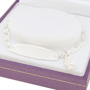 STERLING SILVER ADJUSTABLE SIZE FIGARO CURB ROSE CHARM IDENTITY BRACELET 16.5cm