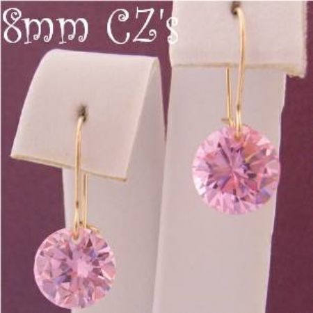 9ct YELLOW GOLD 8MM PINK CZ DROP SAFETY HOOK EARRINGS