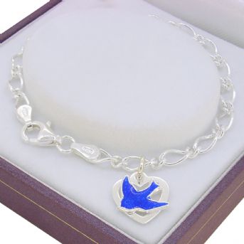 STERLING SILVER FIGARO CURB BLUEBIRD LOVE HEART CHARM BRACELET