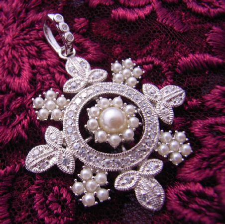 STERLING SILVER SEED PEARL and CZ PAVE' ANTIQUE DESIGN PENDANT