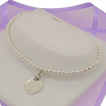 TEENAGER ADULT 3mm BEADED STERLING SILVER HEART CHARM BRACELET -BLET-3mmBead-925-10mmH