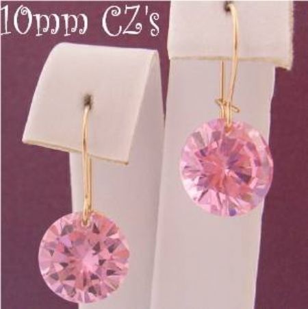 9ct YELLOW GOLD 10MM PINK CZ DROP SAFETY HOOK EARRINGS