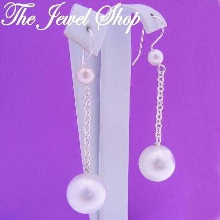 STERLING SILVER 12mm SHELL PEARL CHAIN DROP DESIGNER EARRINGS
