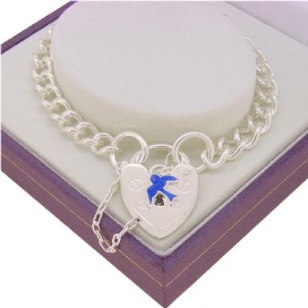 STERLING SILVER BLUEBIRD 4.5mm CURB HEART PADLOCK BRACELET 16CM