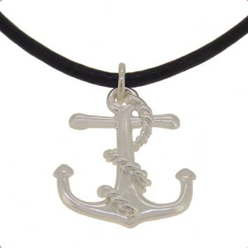 STERLING SILVER 23mm x 27mm ANCHOR PENDANT BLACK LEATHER NECKLACE