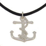 STERLING SILVER 23mm x 27mm ANCHOR PENDANT BLACK LEATHER NECKLACE