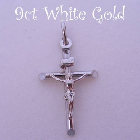 9CT WHITE GOLD INRI CRUCIFIX CROSS PENDANT 18mm x 30mm