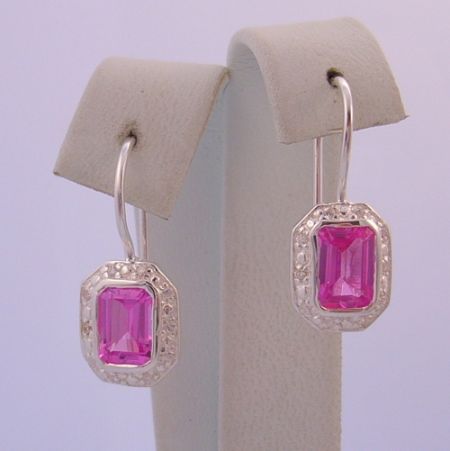 STERLING SILVER 8mm X 6mm EMERALD CUT PINK CZ HOOK EARRINGS