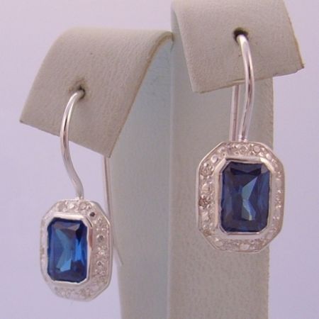 STERLING SILVER 8mm X 6mm EMERALD CUT CEYLON SAPPHIRE COLORED CZ HOOK EARRINGS