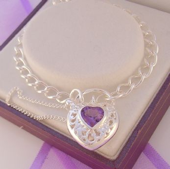 STERLING SILVER 4mm CURB AMETHYST HEART PADLOCK BRACELET 19cm -BLET-OLC100-NPL15AMETH