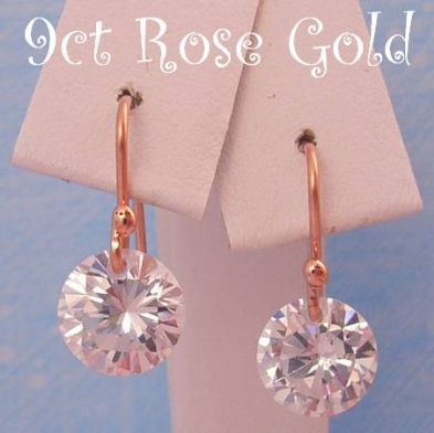 9CT ROSE GOLD 8mm WHITE CUBIC ZIRCONIA HOOK EARRINGS