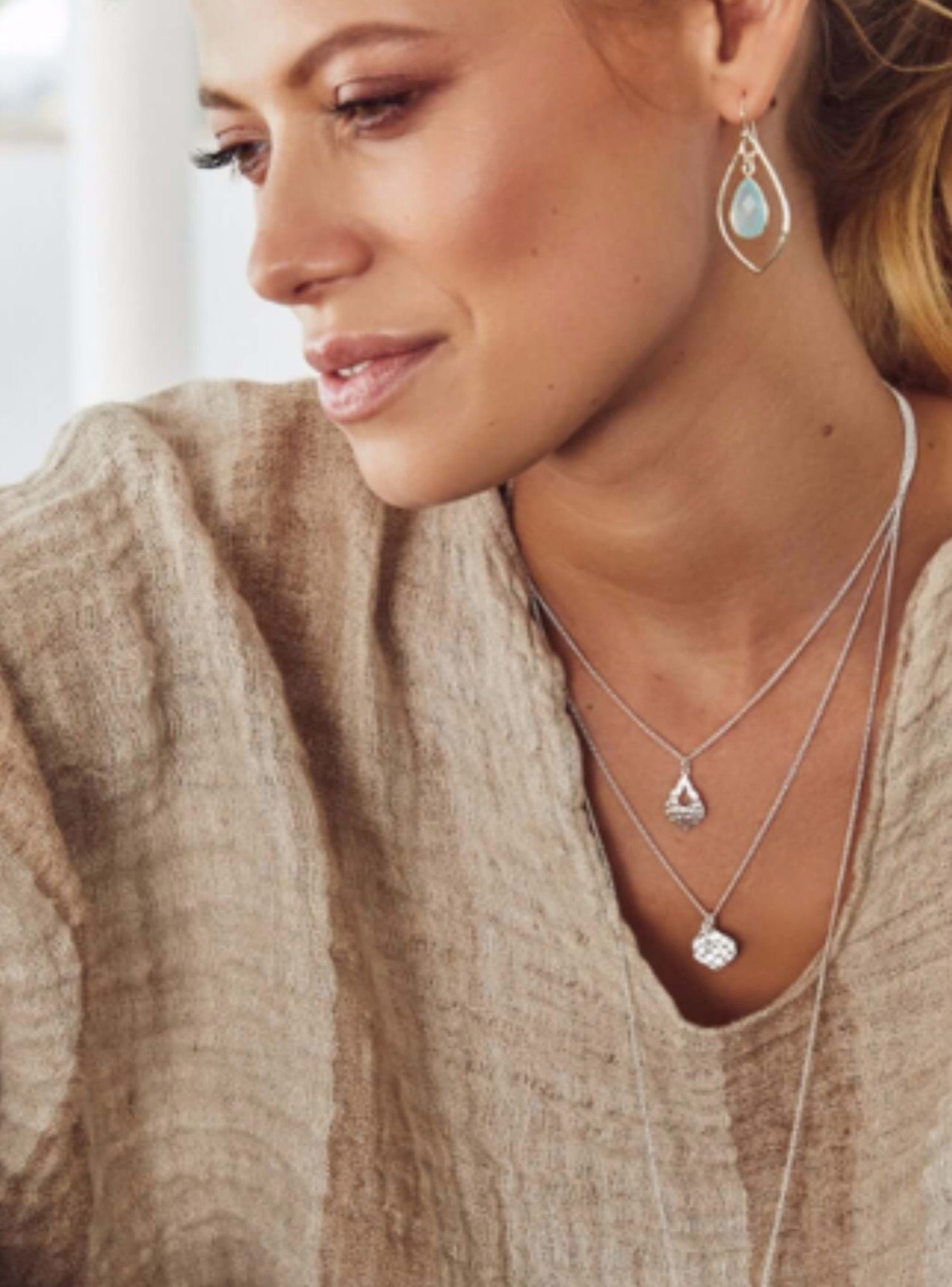 Nicole Fendel Rose Gold Selene Teardrops Stone Earrings Aqua Chalcedony