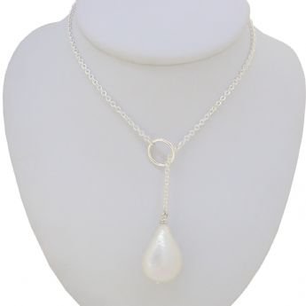 STERLING SILVER FRESHWATER PEARL TEARDROP LARIAT NECKLACE