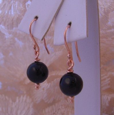 9CT ROSE GOLD 8mm BLACK AGATE & 9CT ROSE GOLD BALL HOOK DESIGNER EARRINGS