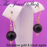 9CT YELLOW GOLD 8mm BLACK AGATE & 9CT GOLD BALL HOOK DESIGNER EARRINGS