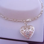 8.2g STERLING SILVER FILIGREE HEART CHARM FIGARO BELCHER BRACELET 19cm