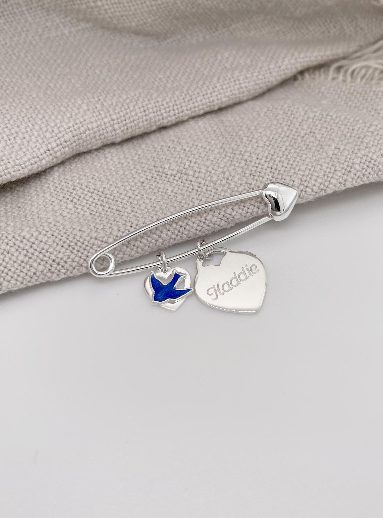 Sterling Silver Bluebird Heart and Charm Baby Pin Brooch