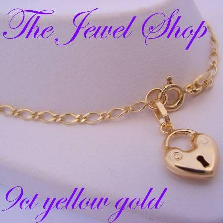 9CT YELLOW GOLD 19cm ADJUST SIZE 8mm PADOCK CHARM 3mm CURB FIGARO BRACELET