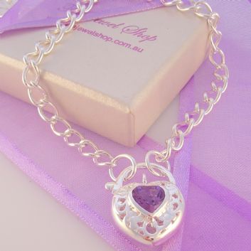 STERLING SILVER 4mm CURB AMETHYST HEART PADLOCK NECKLACE 45cm -NLET-OLC100-NPL15AMETH